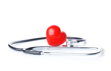 Stethoscope and heart on white background. Cardiology concept