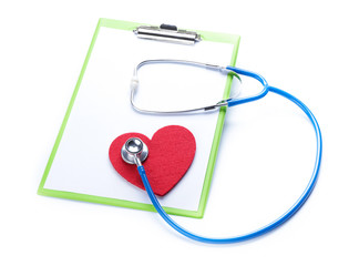 Clipboard with stethoscope and heart on white background. Cardiology concept