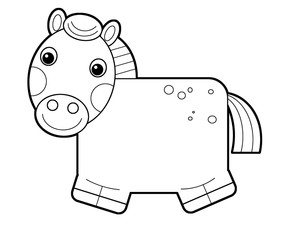 Cartoon happy farm animal cheerful horse isolated on white background with sketch illustration