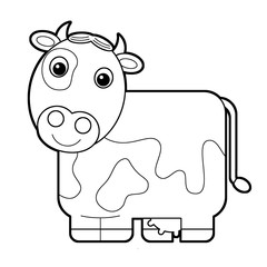 Cartoon happy farm animal cheerful bull or cow isolated on white background with sketch illustration