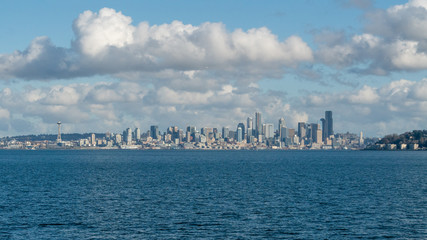 Distant Downtown Seattle Skyline Cityscape View from Puget Sound Water with Alki Beach, Smith...