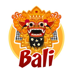 Traditional Balinese Barong mask illustration with red sign Bali, vector sticker template isolated on white background