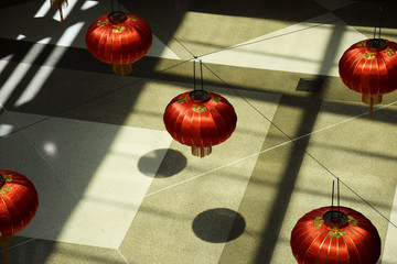 Asian festival lanterns in a street mall environment