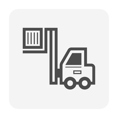 Forklift vector icon. May called fork truck or lift truck. Elevator machine equipment or vehicle for heavy industrial work in warehouse, factory i.e. lift up, raise and delivery. Include crate or box.