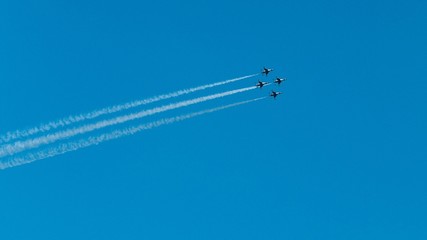 Aircraft flying and doing aerobatic demonstrations with trails of smoke against a blue sky