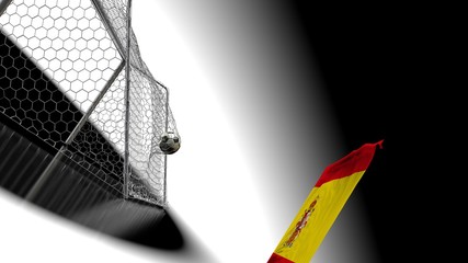 Soccer Ball in the Goal Net with Spanish flag . 3D illustration. 3D high quality rendering.