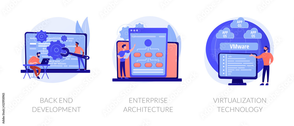 Poster software engineering, franchise building, cloud computing icons set. back end development, enterpris