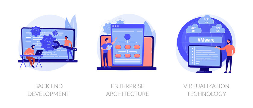 Software Engineering, Franchise Building, Cloud Computing Icons Set. Back End Development, Enterprise Architecture, Virtualization Technology Metaphors. Vector Isolated Concept Metaphor Illustrations