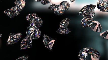 Shiny Diamonds falling on spot light background. 3D illustration. 3D CG. High resolution.