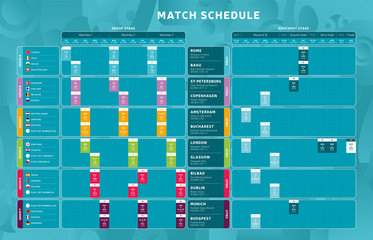 Football 2020 tournament final stage Match schedule, template for web, print, football results table, flags of European countries football championship 2020, vector illustration