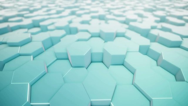 An abstract hexagonal geometric surface cyclically moves in virtual space. Chaotic vibrations of geometric shapes. Creating a dynamic wall of hexagons