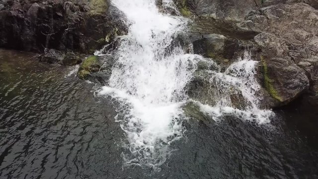 Birds Eye Aerial View of Foot of Waterfall and Natural Pool in Tropical Rainforest