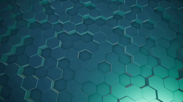 An abstract hexagonal geometric surface cyclically moves in virtual space. Chaotic vibrations of geometric shapes. Creating a dynamic wall of hexagons