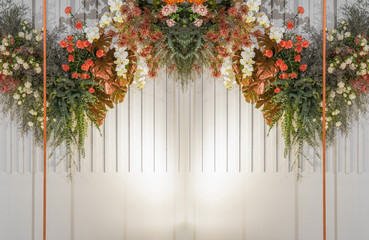 Awesome Wedding floral backdrops in marriage ceremony,Lover and Valentine, colorful and happiness,flower mockup display on the stage, organizer and designer for service groom and bride,wedding concept