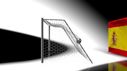 Soccer Ball in the Goal Net with Spanish flag . 3D illustration. 3D high quality rendering.