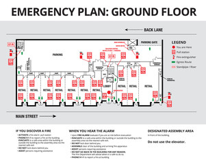 Emergency plan or egress plan. Plan of a residential or strata building with retail stores and parking on ground floor. Detailed text instruction for residents in case of an emergency. 