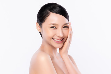 Portrait beautiful young asian woman clean fresh bare skin concept. Asian girl beauty face skincare and health wellness, Facial treatment, Perfect skin, Natural makeup, on white background,two