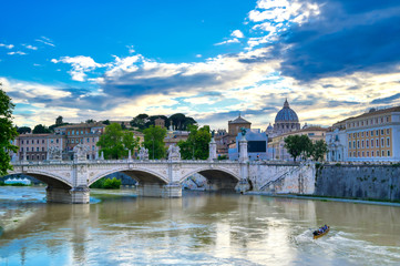 Fototapeta premium A view along the Tiber River towards Vatican City in Rome, Italy.