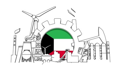 Energy and power industrial concept. Gear with flag of the Kuwait. Energy generation and heavy industry. 3D rendering. Thin line style