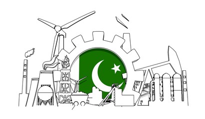Energy and power industrial concept. Gear with flag of the Pakistan. Energy generation and heavy industry. 3D rendering. Thin line style
