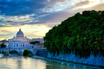 A view along the Tiber River towards Vatican City in Rome, Italy.