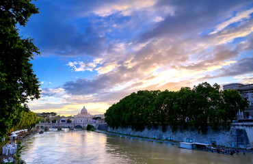 A view along the Tiber River towards Vatican City in Rome, Italy.