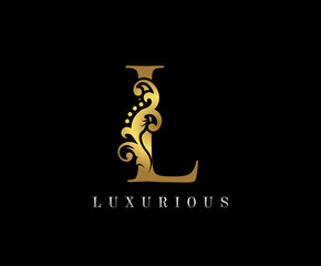 Golden L Luxury Logo Icon, Vintage Floral Gold L Letter Logo Design.