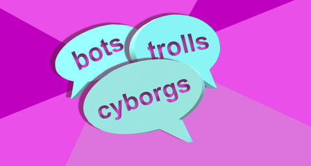 Three speech bubbles. Bots, trolls and cyborgs in dialog balloons. 3d illustration combining tones in lilac and blue creating a strong contrast. Colorful banner. Cheerful poster design.