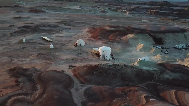 Aerial View of Mars Desert Research Station in Utah Desert, USA. Living Simulation Habs in Dry Landscape