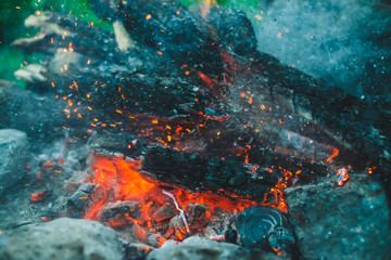 Fototapeta na wymiar Vivid smoldered firewoods burned in fire closeup. Atmospheric background with orange flame of campfire. Full frame image of bonfire with sparks in bokeh. Warm vortex of glowing embers and ashes in air
