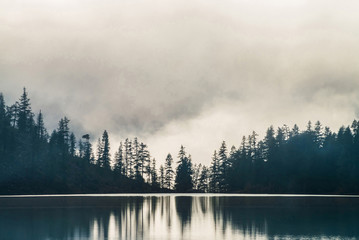 Fototapeta premium Silhouettes of pointy fir tops on hillside along mountain lake in dense fog. Reflection of coniferous trees in shiny calm water. Alpine tranquil landscape at early morning. Ghostly atmospheric scenery