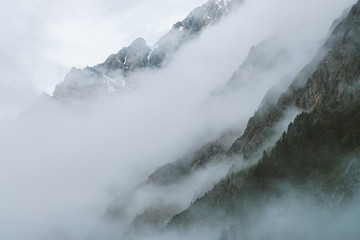Dramatic bleak fog among giant rocky mountains. Ghostly atmospheric view to big cliff in cloudy sky. Low clouds and beautiful rockies. Minimalist scenery in mysterious place at early foggy morning.