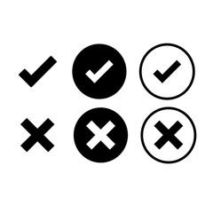 Tick and cross signs. Green checkmark OK and red X icons, isolated on white background. Simple marks graphic design. symbols YES and NO button for vote, decision, approval and disapproval,vector icons