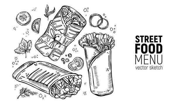 Set of street food. sandwich, fast food, burrito, shawarma, gyros, pita bread, kebab, doner. Hand drawinf sketches
