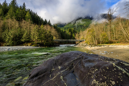 Bridge Crosses Flowing Creek, Golden Ears Park