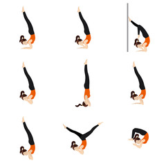 Elbow stand variations yoga asanas set/ llustration stylized woman practicing pincha mayurasana-sayanasana variations