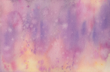 beautiful orange yellow gold pink and purple in hand painted watercolor background design with paint bleed and fringing in colorful sunrise or sunset colors in dabs and blotches