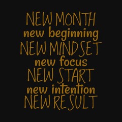 New month new beginning new mindset new focus new start new intention new result. Inspirational and motivational quote.