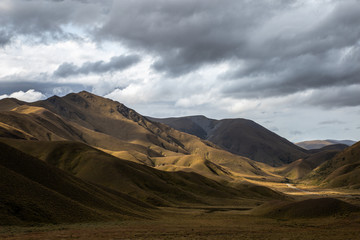 Mountain Road Landscape, Wide Scenic View of Popular Travel Route Lindis Pass New Zealand