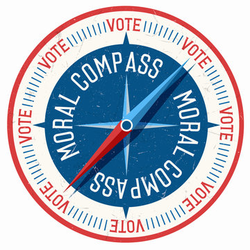 Vector Illustration Of Moral Compass On Which All Directions Lead To Voting. Concept Encouraging Citizens That Voting In Elections Is The Right Thing To Do. Take Responsibility And Vote.