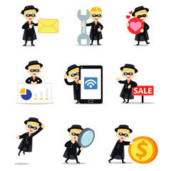 Set character of bandit man wearing masks when robber a bank.