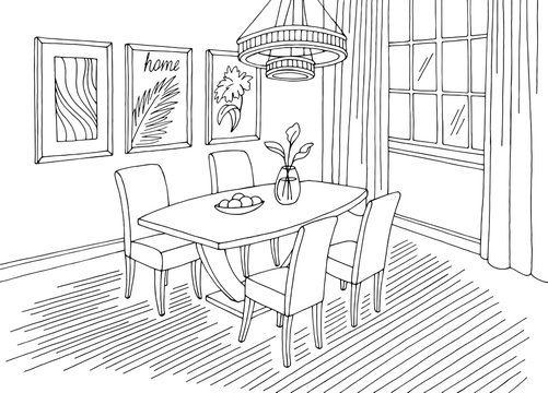 Dining room home interior graphic black white sketch illustration vector  Stock Vector | Adobe Stock