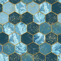 Foto op Plexiglas Marmeren hexagons Marmeren zeshoek naadloze textuur met goud. Abstracte achtergrond