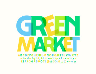 Vector trendy logo Green Market. Watercolor modern Font. Colorful Alphabet Letters and Numbers.