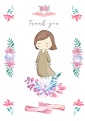 Happy Birthday Card with cute little Princess and pink flowers and flower. Beauty design card for celebration, invite on white background