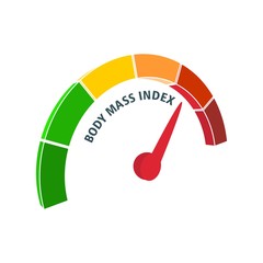 Body mass index meter read high level result. Color scale with arrow from green to red. The measuring device icon. Vector illustration in isometric style. Colorful infographic gauge element