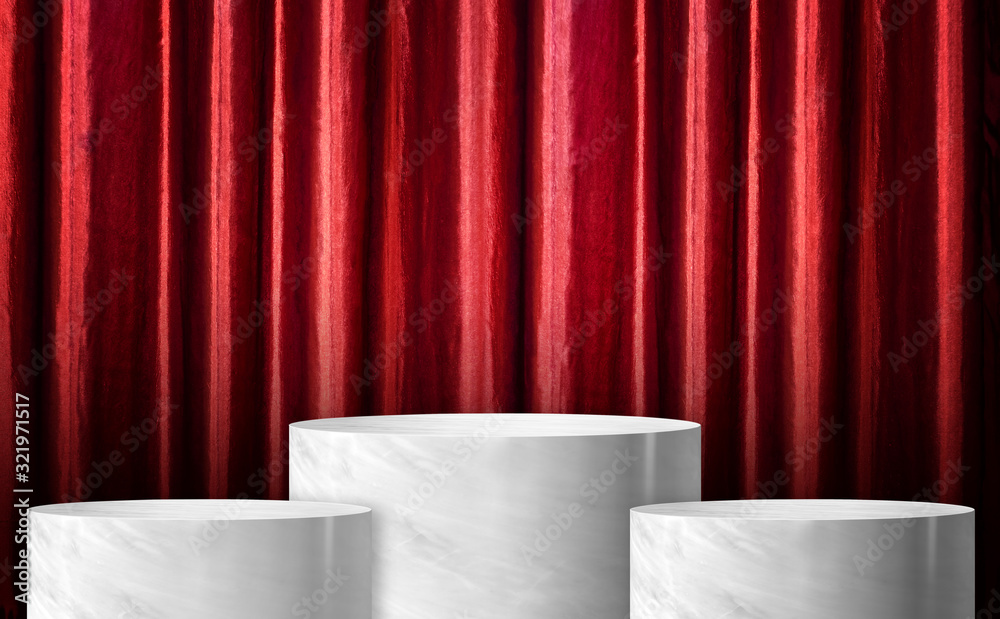 Poster product display glossy white marble cylinder stand winner podium in three step with red curtain wall