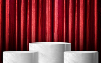 Product display glossy white marble cylinder stand winner podium in three step with red curtain...