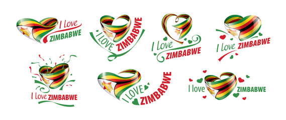 National flag of the Zimbabwe in the shape of a heart and the inscription I love Zimbabwe. Vector illustration - obrazy, fototapety, plakaty