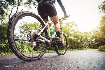 Woman cyclist riding a bike on sunny park trail in summer